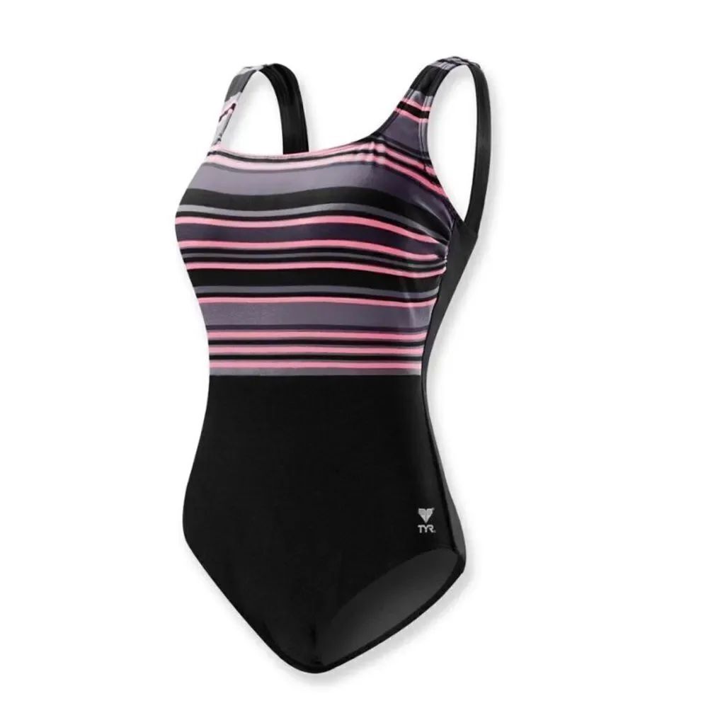 NWT New TYR Delray Aqua Controlfit Swimsuit Black Pink Gray Stripes Womens 24
